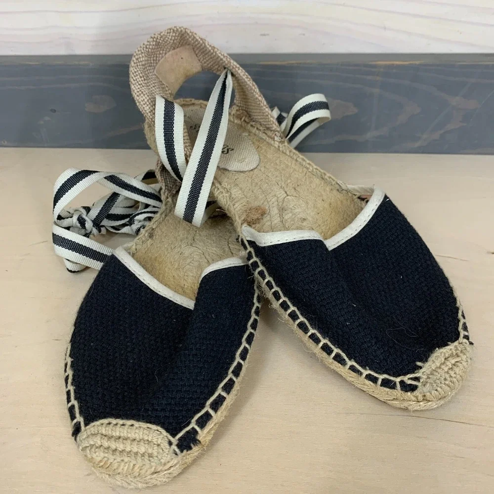 Soludos Sandals‎ 6 Black Woven Espadrilles Lace Ankle Flats Boho Beach